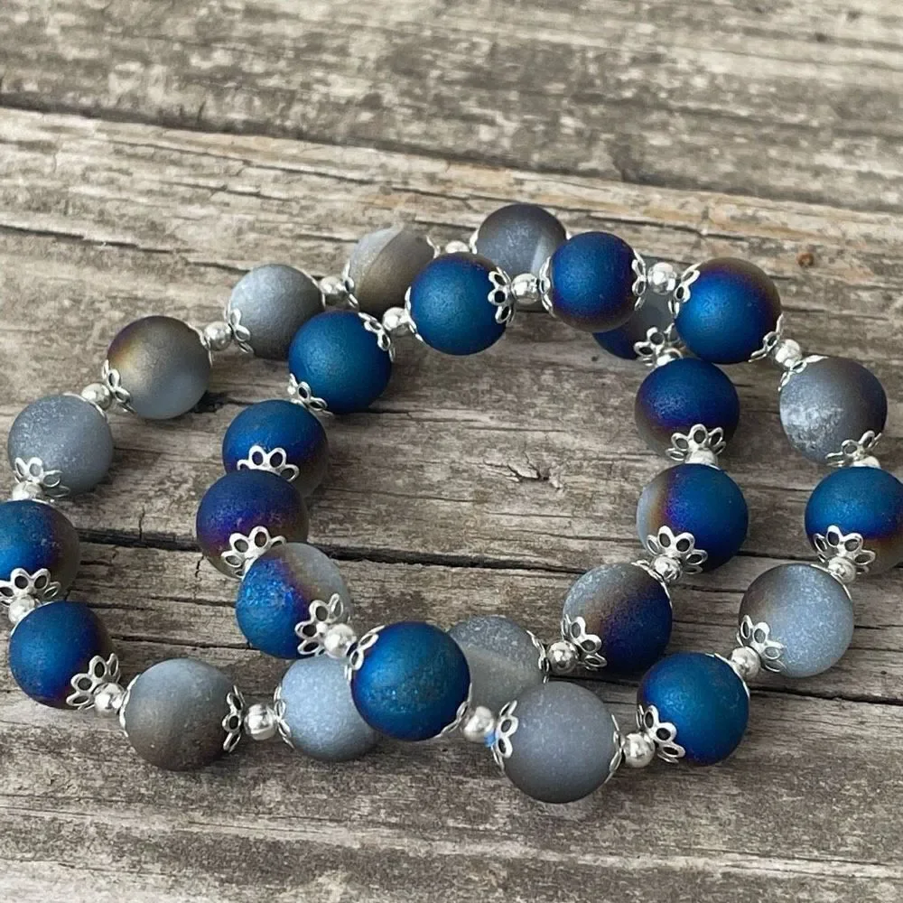 Druzy Peacock Aura Agate Crystal 10mm NEW blue purple white gold bracelet ONE st